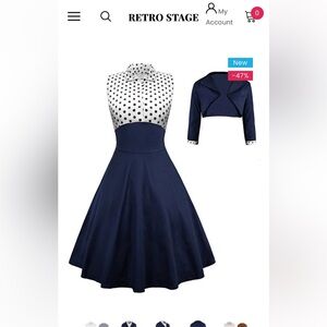 Retro Stage 2 piece Navy and White 1950s Polka Dot Swing Dress